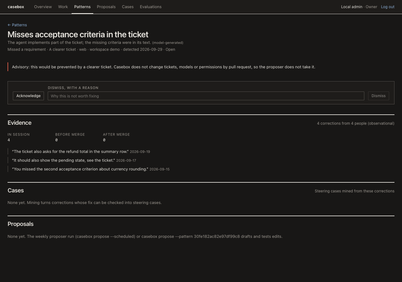 A pattern page with the demo data: the corrections, their quotes and the proposals.