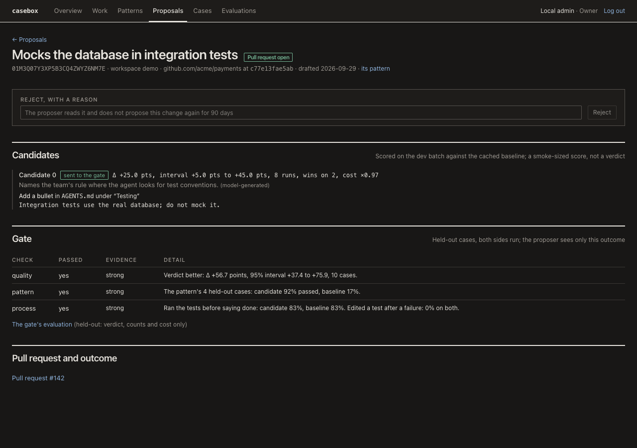 A proposal page with the demo data: the candidates, the three gate checks and the pull request.